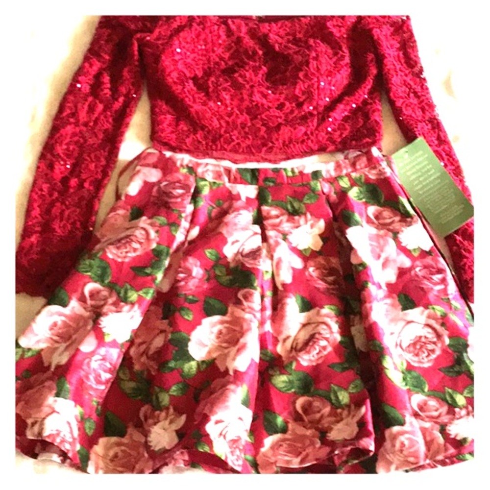 2Piece Set Red Flowery Dress